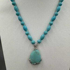 Turquoise Necklace Oval Pendant with natural Turquoise Beads, Sterling Silver